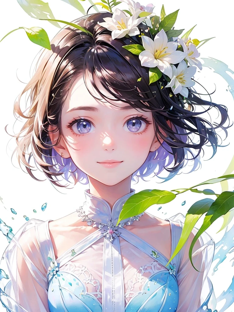 (masterpiece、Highest quality、Highest quality、Beautiful and beautiful:1.2)、Excellent anatomy、(Watercolor painting 1.5)、Long Shot、straight short hair images、Trendy Hair Color, Beautiful Face、Beautiful Smile, I stare at you shyly,A gentle gaze, Fairy, 蝶のFairyのコスチューム、Pure white、Pure、charm, Colorful flowers of different colors, Flower and leaf wind、Botanical Art,