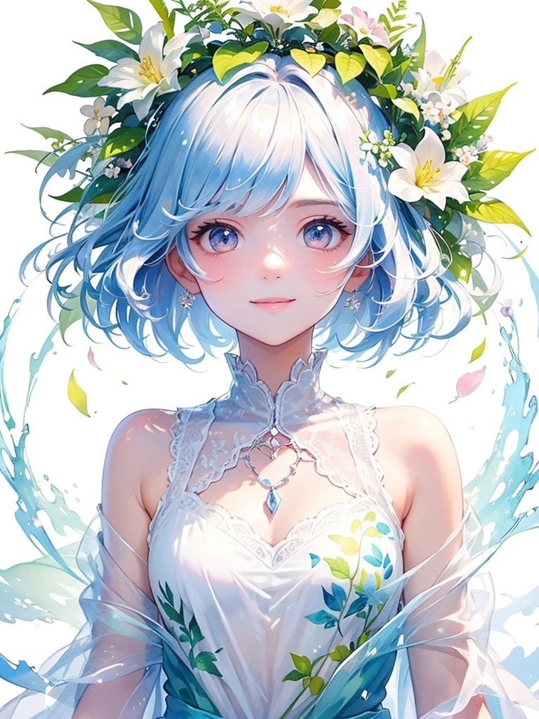 (masterpiece、Highest quality、Highest quality、Beautiful and beautiful:1.2)、Excellent anatomy、(Watercolor painting 1.5)、Long Shot、straight short hair images、Trendy Hair Color, Beautiful Face、Beautiful Smile, I stare at you shyly,A gentle gaze, Fairy, 蝶のFairyのコスチューム、Pure white、Pure、charm, Colorful flowers of different colors, Flower and leaf wind、Botanical Art,
