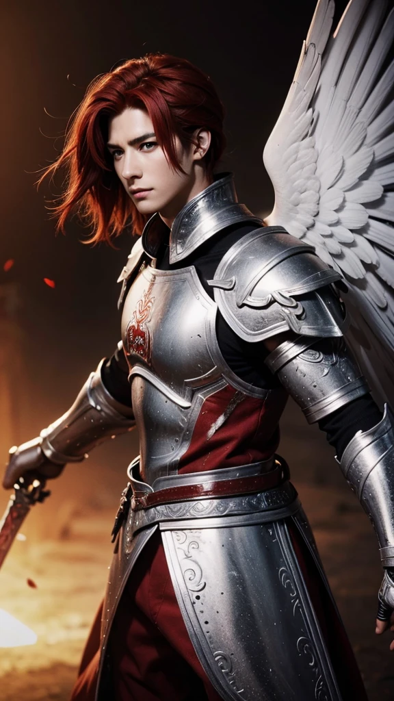 low camera angle, upper body, angel girl, beautiful eyes, Ginger hair, (covered in blood:1.4), (torn paladin armor covered in blood:1.4), (broken white wings covered in blood:1.4), sacrifices himself, rage, determination, runs forward with all his might, Attacks the enemy, (bloody hell background:1.4), physical particle effect(masterpiece), (realistic), 8k, RAW photo, very wide shot, octane render, unreal engine, volumetrics dtx, (film grain, bokeh, blurry foreground)