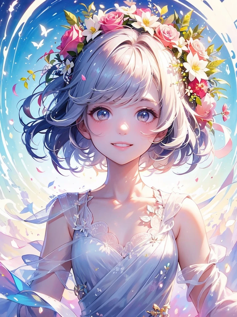 (masterpiece、Highest quality、Highest quality、Beautiful and beautiful:1.2)、Excellent ???????、(Watercolor painting 1.5)、Long Shot、straight short hair images、Trendy Hair Color, Beautiful Face、Beautiful profile, Look up at the sky, I pray, Fairy, 蝶のFairyのコスチューム、Pure white、Pure、charm, Colorful flowers of different colors, Flower and leaf wind、Botanical Art,