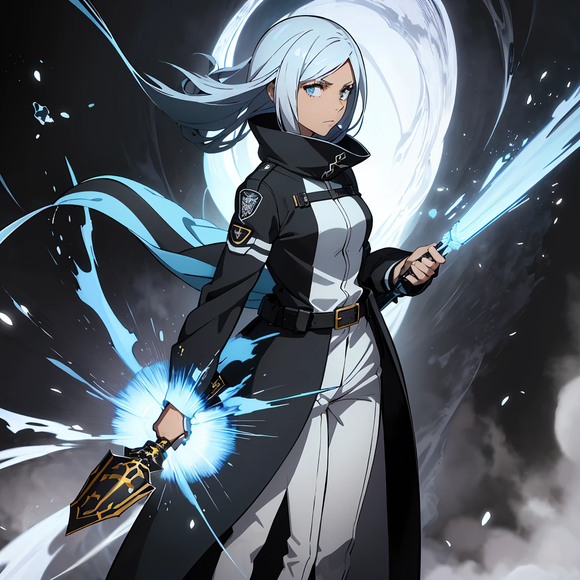 A young woman of average height with asymmetrical light blue hair, at shoulder height. His eyes are deep gray and expressive. She wears a fitted black jacket with gold accents., combined with a blue leather belt at the waist. Wears reinforced combat boots and a small stylized light blue cape.. The armor is light, mixing elegance with military functionality,holding a giant Mace.