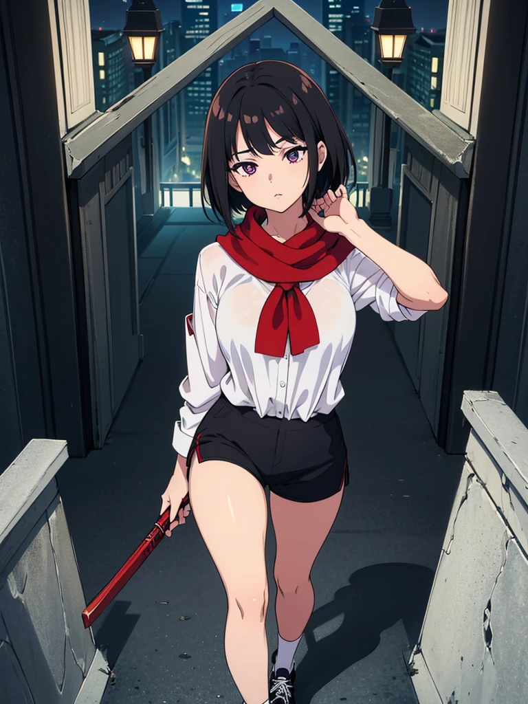 Girl with a Japan sword、Round, black eyes、Bloody short-sleeved shirt、A girl covered in blood after being splashed with blood. She lifts her skirt with both hands.、Showing off cute white underwear.、Black garter belt、Black rough fishnet stockings、A plain white shirt with short sleeves and a red tie、Standing posture、Abandoned Factory