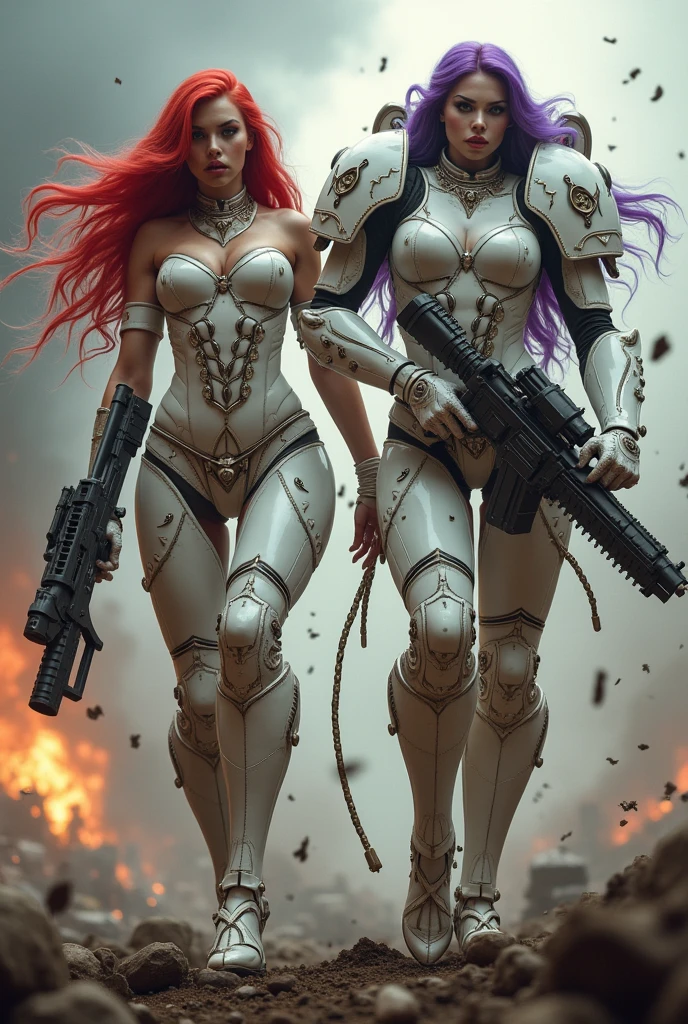 Full body pose sexy sisters of battle from the warhammer 40k, shooting at the enemy, white sexy space marine armor with plate shoulders and intricate details, red sexy space marine armor with plate shoulders and intricate detail, religous symbols on the armor, sisters of battle, warhammer 40k, Massive silicone breast, pale skin, seductive, temptation, eat your soul, clevage, long flowing black hair with purple highlights, long flowing red hair, heavy gothic makeup, at night, neon, beautiful detailed eyes, beautiful detailed lips, extremely detailed eyes and face, long eyelashes, highly detailed armor, intricate futuristic weaponry, dramatic lighting, cinematic composition, muted color palette, gritty and realistic, mecha, science fiction, hyper-detailed, photorealistic, award winning digital art, 8k, HDR, masters work, in the middle of a battle field, full body dynamic combat action pose, explosions and fire around, dust and debree, full war, stunning, Stilleto heels, high heels, full body pose, cinematic, movie trailer, running forward, shooting at the enemy, religious, sisters of battle, warhammer 40k
