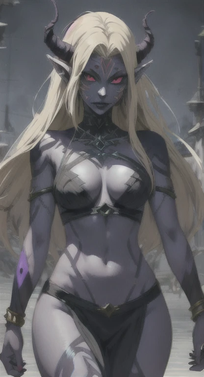 Ancient Hylian, corrupted Devine heroine, princess Hylia, blonde, red eyes, smirking malicious at viewer, ancient corrupted goddess armor, cursed markings, long messy hair, ancient Hyrule, medieval tribal village,  dark energy veins,