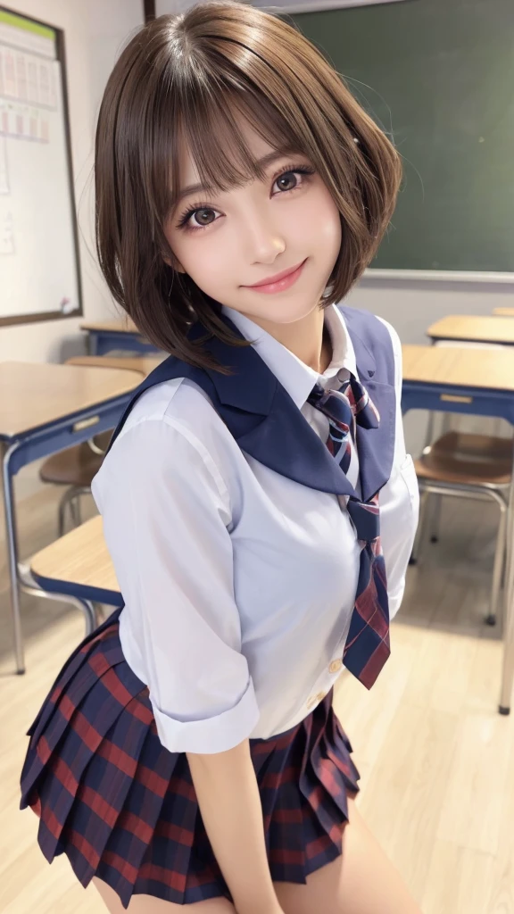 (best quality,8K,Raw photo,Reality,high resolution:1.2),(cute japanese girl),(Big breasts that are about to burst:1.20),(slim body、slender、thin body、naughty body),(Japan High School School Uniform),(school classroom),(18-year-old、difficult、Lofty dream、brown hair、short bob、Male classmate POW、The presence of idoleautiful Reality Asians:1.5、like)、Professional specifications、smile