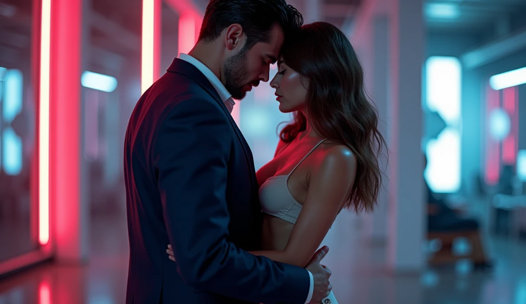 (fictional) A passionate couple in a modern office setting, engaging in an intense and intimate act on a sleek glass office desk. The female is depicted with captivating, detailed eyes and full, luscious lips. The male possesses a strong, muscular physique, portraying raw desire. The lighting is dim, casting subtle shadows, creating an aura of secrecy and excitement. The image quality is of the highest standard, with a 4k resolution, bringing out every intricate detail and adding depth to the scene. The artwork is created using a mixture of digital rendering and professional photography, resulting in a stunning hyper-realistic composition. The provocative nature of the scene is accentuated by a blurred, dreamlike ambiance, emphasizing the sensory experience. The color palette is rich and vibrant, showcasing deep hues and contrasting tones, enhancing the intensity of the moment. The office environment is hinted at, with modern office equipment and furniture subtly visible in the background, adding a touch of realism. The overall atmosphere is one of passion and forbidden desire, making this artwork an alluring and evocative masterpiece.