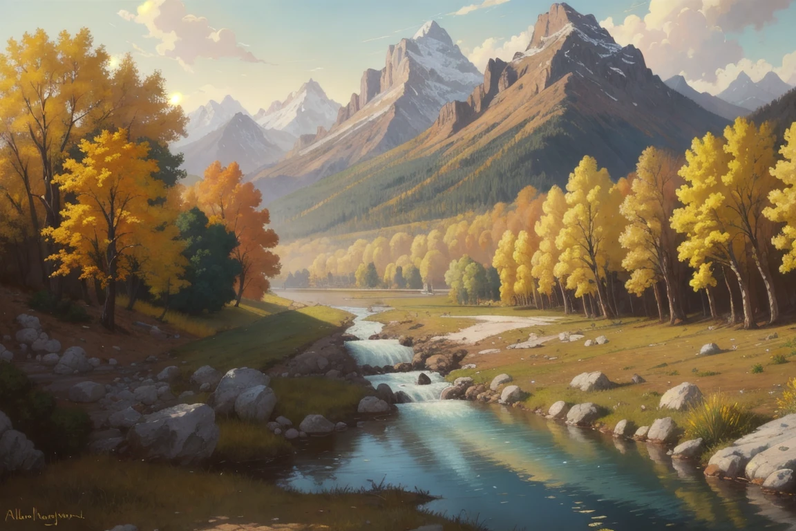 Painting of a river with yellow trees and mountains in the background, Inspired by Thomas Moran, In the style of oil painting, Landscapes depicted, smooth oil painting, In the style of Albert Bierstadt, Landscape painting, Oil on canvas 8K, Oil on canvas 8K, Inspired by Fernand Verhagen, 3D Virtual Landscape Painting, Beautiful Oil Painting Mat