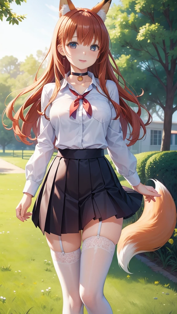 1girl, solo, highly detailed, best quality, illustration, game cg, perfect anatomy, beautiful cute face girl, redhead, beautiful detailed eyes, choker, school field, standing, natural lighting, white shirt, black pleated skirt, thigh highs, fox ears, (fox tail), glossy lips, medium breasts, aichan, latifa fleuranza