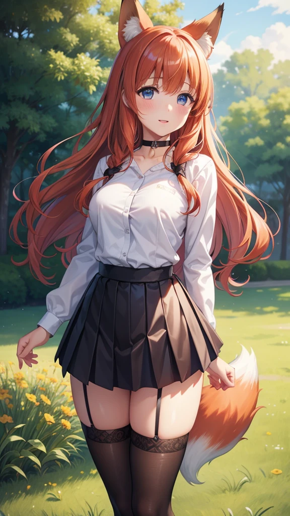 1girl, solo, highly detailed, best quality, illustration, game cg, perfect anatomy, beautiful cute face girl, redhead, beautiful detailed eyes, choker, school field, standing, natural lighting, white shirt, black pleated skirt, thigh highs, fox ears, (fox tail), glossy lips, medium breasts, aichan, latifa fleuranza