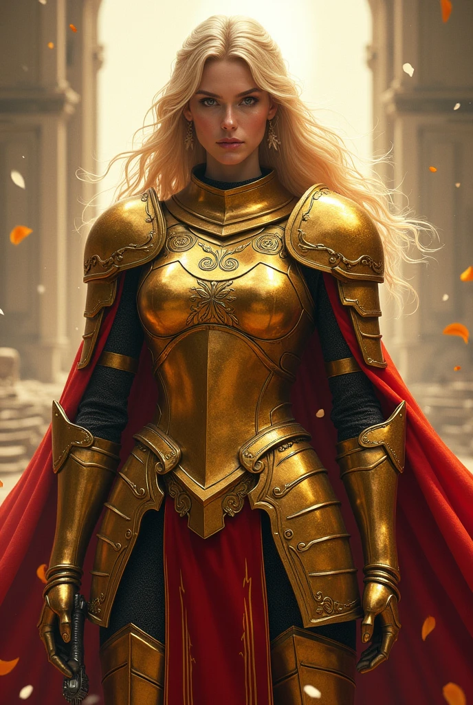 A woman with blonde hair, dressed in golden knight armor - SeaArt AI