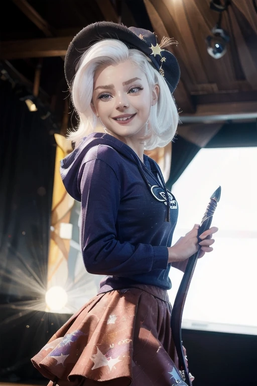 mlptrixie, white hair, wizard hat, purple eyes, colored skin, blue skin, star hair ornament, blue hoodie, purple skirt, looking at viewer, serious, grin, medium shot, action pose, holding a wand, on stage, bright lighting, high quality, masterpiece, 