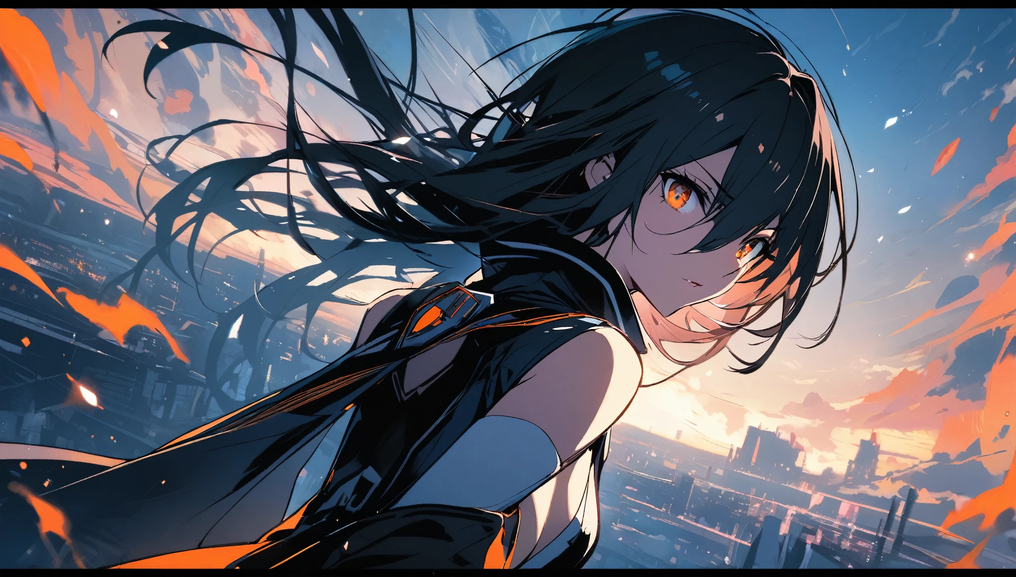 Anime girl with long hair and black hair in front of a city - SeaArt AI