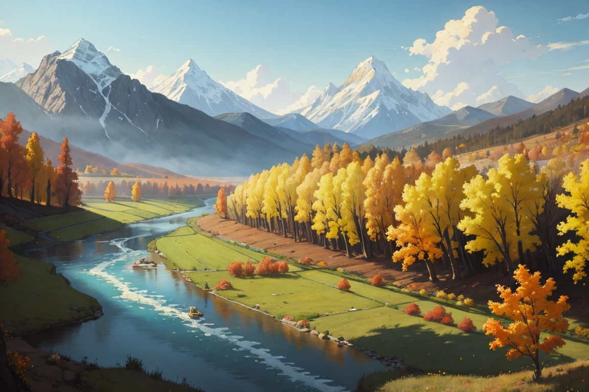 Painting of a river with yellow trees and mountains in the background, Inspired by Thomas Moran,, Landscapes depicted, smooth oil painting, In the style of Albert Bierstadt, Landscape painting,, Inspired by Fernand Verhagen, 3D Virtual Landscape Painting,