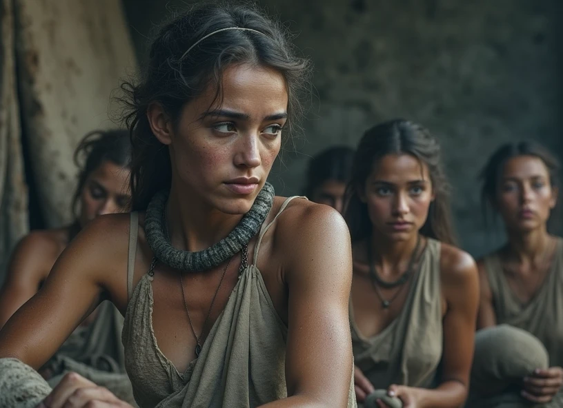 Roman breeding field slave girls, blonde , blue eyes nice girl but slave tattoo- brand on her face very sweaty , working on a farm,18y. o, exhausted by hard work, hard labor girls tanned to black from dirt and sun, barefoot,View of caucasian female skin soaked with sweat digging with showel, barefoot, near fields under the scorching sun. ragged, beautiful but exhausted face, dirty pony tail hair in an old torn sacking that replaces her short tunic, leaky and dilapidated, high texture burlap, body, brand slave, A clear and deep burnt slave brand, like on an animal, the mark on the skin is deep and clear ,rural Italy, society highly detailed realistic realistic style dawn high definition with high detailsFrontal view of barefoot half dress girl saggy tits female with branding digits on her forehead and cheeks with deeply scars on her body skin standing on the crop field
