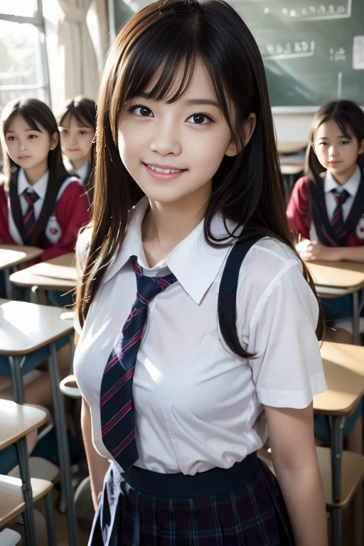 Boys high school classroom、The students are sitting and watching the teacher during the lesson.　The teacher is 20 years old and has a cute face like an idol.　one piece　Cleavage　Stand in front of the classroom chalkboard　Whole body　Full body RAW photo　Genuine　Genuine　Real Stick　High resolution　Genuine life　No copyright notice