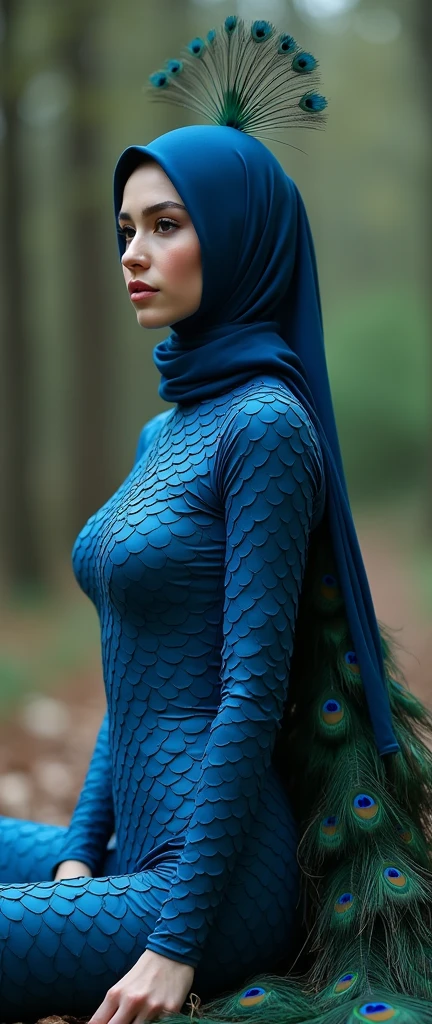 The beautiful Chinese asian adult girl with beautiful cheeks wears peacock lycra turtleneck unitard catsuit covered with scales with large peacock tail and peacock lycra elastane stretchy dancewear inner hijab-like hood covered with scales with peacock feather.She is happy.She always put fake peacock eyeshadow makeup that are made of blue colour makeup pen.She acts a peacock.She is at Jungle.When she opens her tail beautiful.