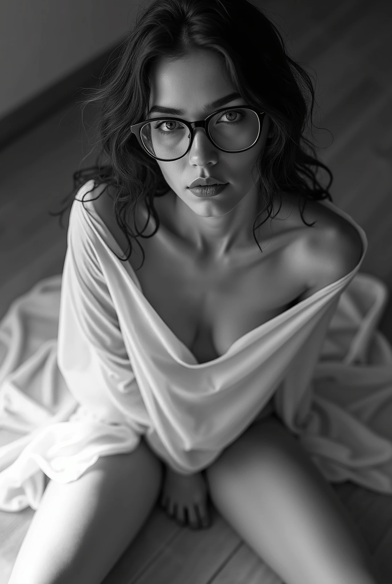 A black-and-white fashion photograph with the grain of analog film, and high contrast, captured from a low angle from behind a beautiful model woman's ass a naked woman with open legs and lying on a couch. She wears glasses and holds a sheer white sheet that delicately drapes over her body exposing her breasts and below the waist, creating soft, translucent layers. Her legs are bent, adding a dynamic element to her pose. Her hair is wavy and slightly damp, contributing to a sensual, natural aesthetic. The grainy, film-like texture, combined with the monochromatic tones, evokes a timeless and intimate atmosphere, the grain emphasizing the elegant interplay of light, shadow, and texture in the composition.