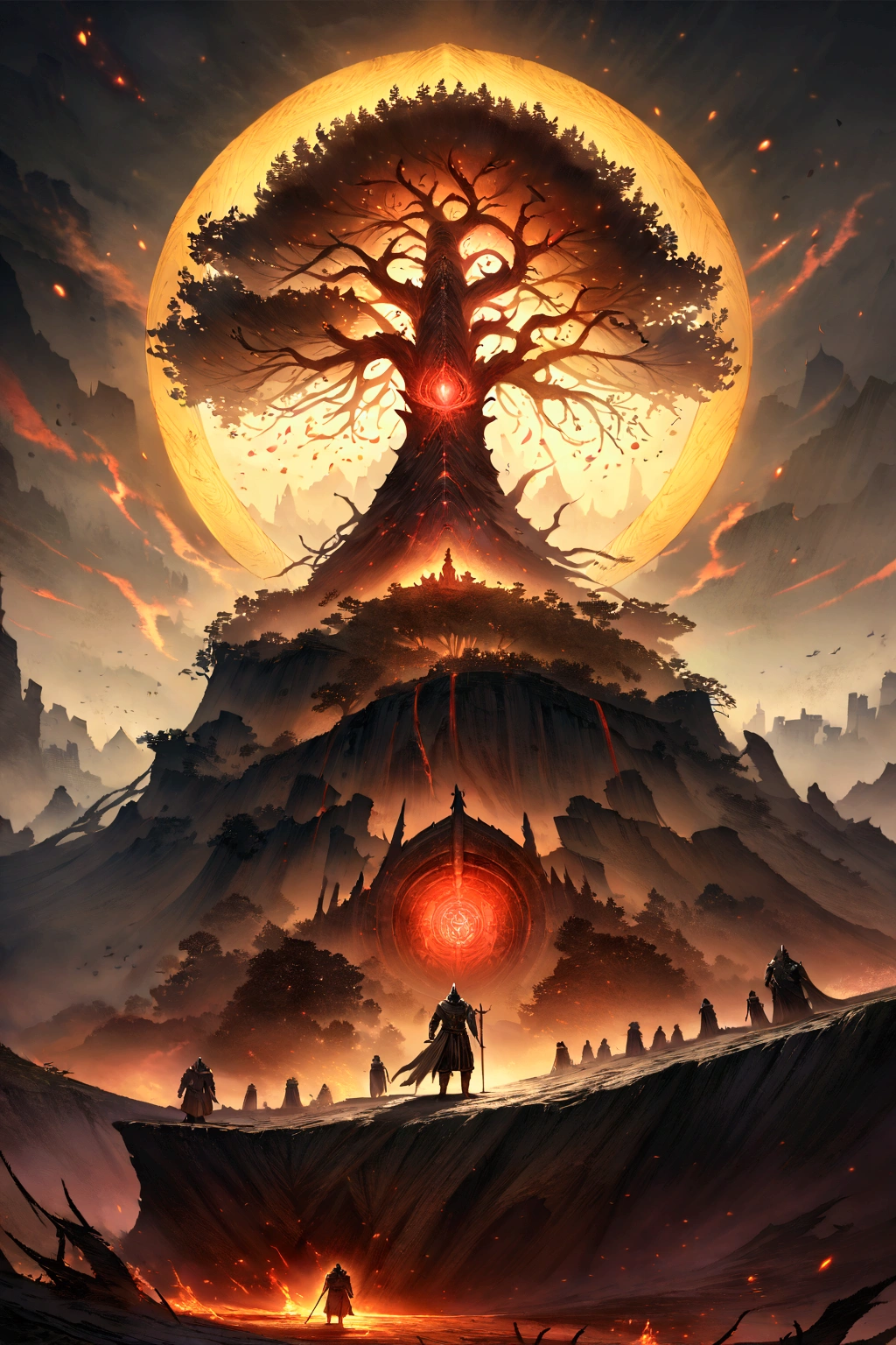 masterpiece a painting of a man standing on top of a hill next to a World Tree, dark souls art, elden ring art, amazing d & d dark sun art, dark souls art style, dark souls concept art, darksouls concept art, elden ring concept art, elden ring official, elden ring boss, anor londo, epic fantasy artwork 