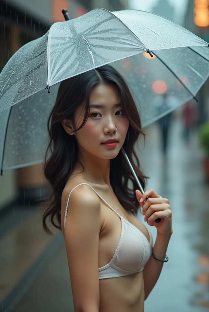 (photorealism:1.2)
rainy day, Indonesian beauty, wear transparent deep-v t-shirt, big breast, big boobs, holding transparent umbrella, standing on the pedestrian street on a residential area.