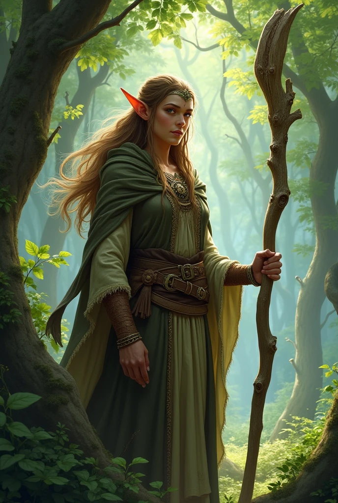 Tauriel, the woodland elf from The Hobbit movie, best quality, ultra-detailed CG unity 8k wallpaper, floating, high resolution, dynamic pose, beautiful face, pale white skin, dark red hair, (green eyes:1.2, green clothes), depth of field, white forest, golden leaves, magic light), slim body, deep cleavage, tight bust, looking at viewer