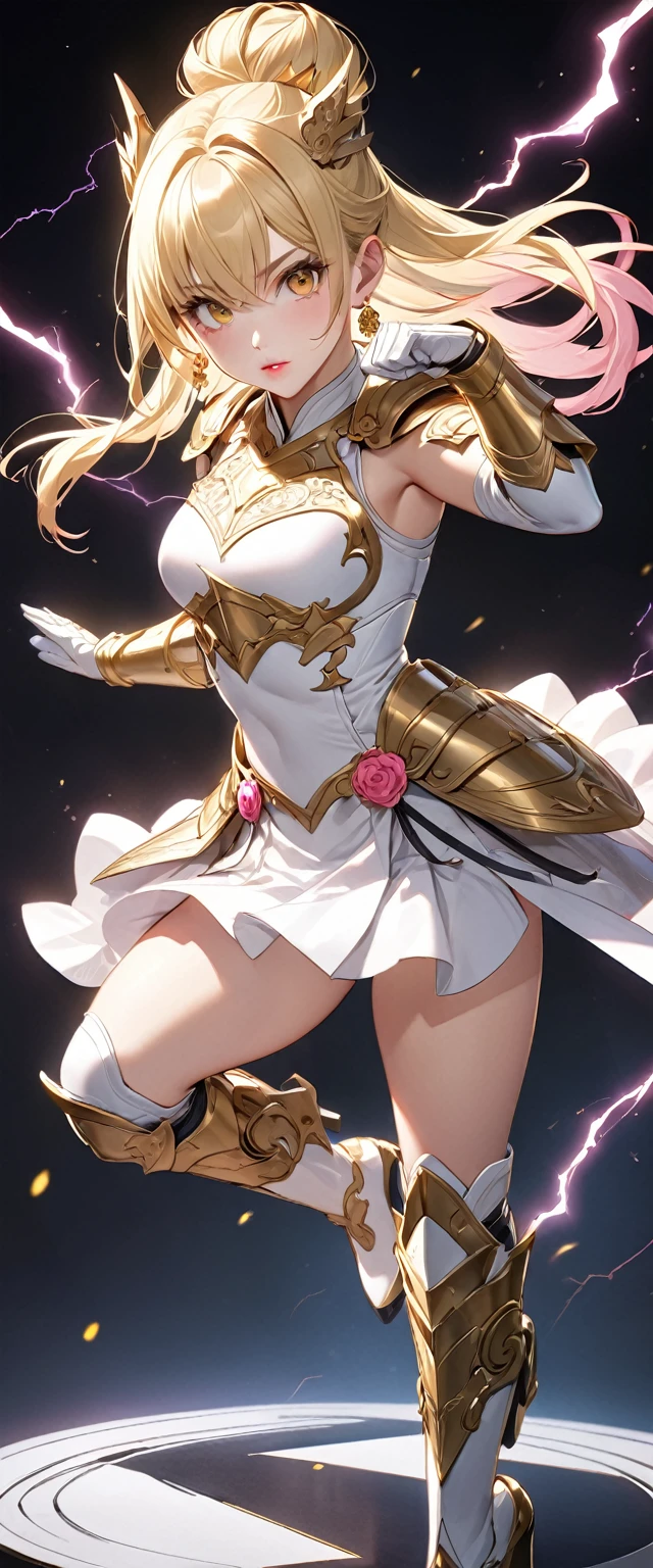 (Perfect Anatomy)、Mastepiece、Ultra High Quality、 8k、masterpiece、Highest quality、Ultra-high resolution、Maximum resolution、Very detailed、Professional Lighting、anime、woman、thin、so beautiful、Highly detailed eye、Highly detailed face、Golden earrings、Blonde, hair bun, Yellow Eyes、Detailed armor patterns、Mid-chest,  makeup, eyeliner, eye shadow, pink cheek, pink lips, goddess armor, white open mini skirt , full body, gold pattern, white super long boots, white long gloves, female martial artist, high heels, white clawed gauntlets, white cute headgear, gold knee armor, random pose, Striking with magical lightning