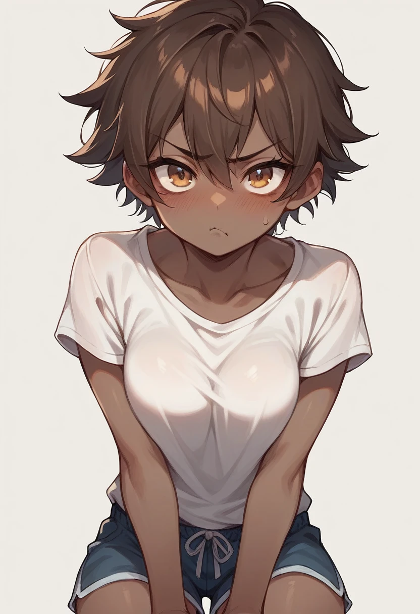 Cute little african american girl、realisitic、(Brown-skinned)、Eyes and faces with detailed、barechested、short in stature、child actor、、Narrow-eyed、Anatomically correct body、Accurate drawing、flat chest,opening legs, Orgasm Face, Blush cheeks,(Doggy sex),chibi,(chibi),grin,超A high resolution