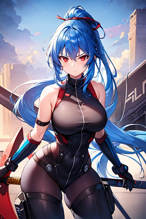 Hatsune Miku VOCALOID, ラテックスボディスーツ, ((Red and black body armor)), Big Breasts, High heels, Heavy equipment,