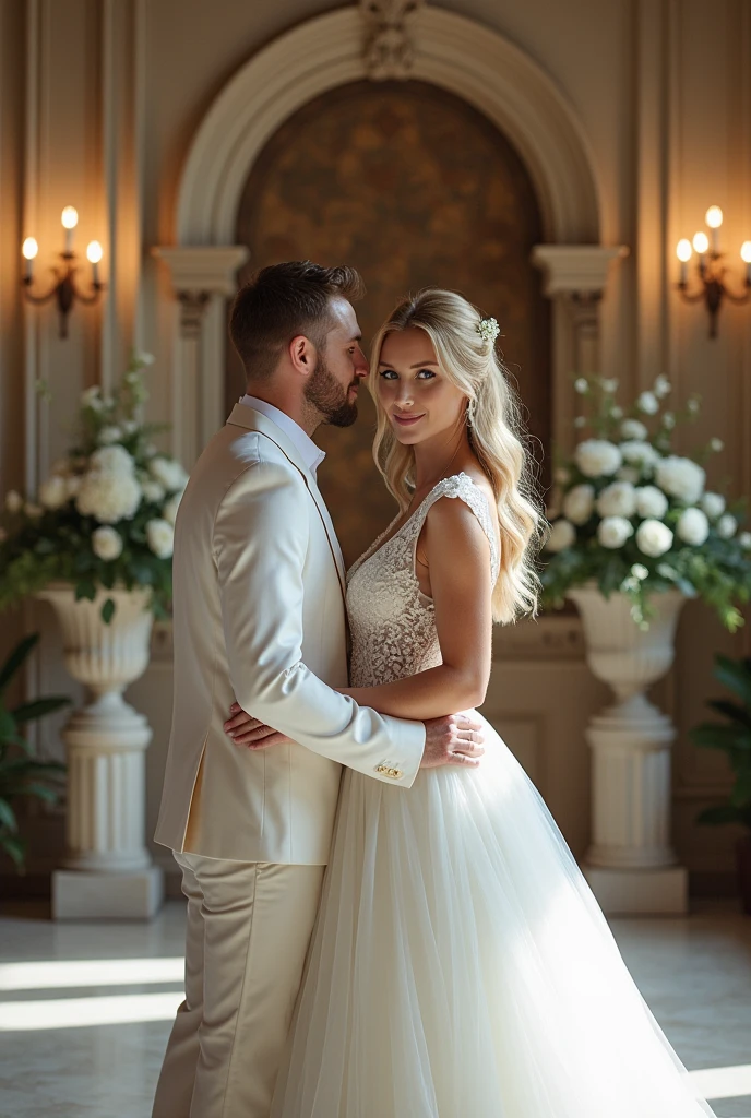 joseph morgan e candice accola em uma romantica cena, sophisticated and elegant London attire, she wears a white golden dress, and he a white suit, inside a mansion, in front of a balcony window Canon EOS R6 Mark II UHD camera, complemented by the Sigma 50mm f/1.Artistic Lens 4 DG HSM, ensuring every detail, inspiring, natural light, huge