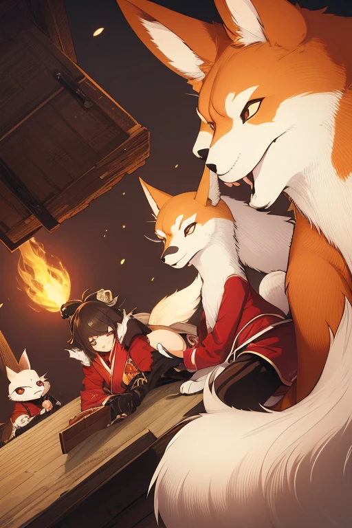 Tall mature fox woman in light brown color with a red bow on the back of her head wearing a white kimono and pink details holding a long cane that is shaped like a fox on the top of the cane, dark brown hair is has a white and red fox mask on his face his hair is messy as is his kimono and fire is coming out of his surroundings, expression of fury