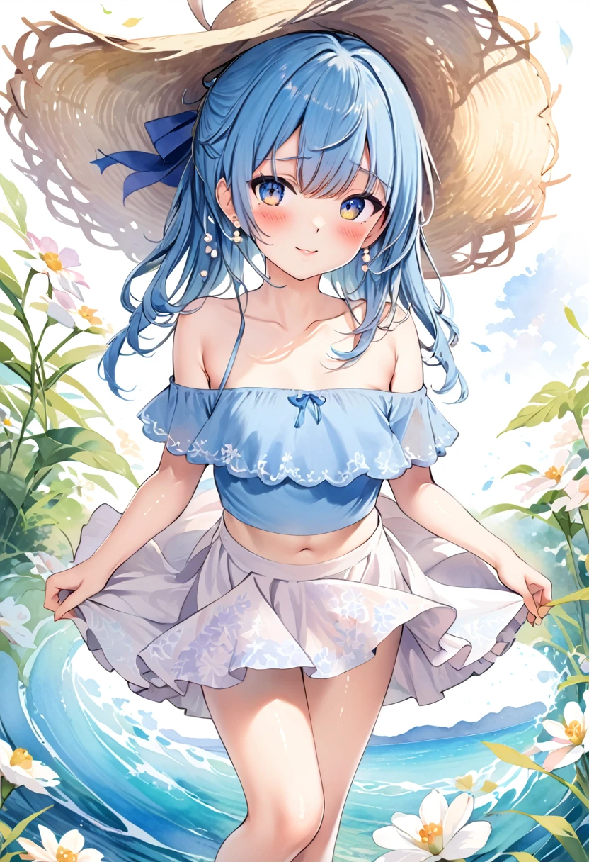 masterpiece, best quality, extremely detailed, (illustration, official art: 1.1), 1 girl, (((light blue long hair))), ((blush)), cute face, big Eyes, masterpiece, best quality, (((a very delicate and beautiful girl))))), amazing, beautiful detailed eyes, blunt bangs ((((little delicate girl))), ((tareme))), droopy eyes. (true beautiful: 1.2), sense of depth, affectionate smile, (true beautiful: 1.2), (tiny 1girl model: 1.2), (flat chest),masterpiece, best quality,absurdres,(1 lady:1.3),(watercolor,tegaki:1.4),(soft pastel colors:1.3),(happy and enjoy), flipped hair, (topknot hair,:1.3),light pink eyes,BREAK,(pastel blue off-shoulder top with white floral patterns:1.2),(cream high-waisted skirt with a flowing silhouette:1.2),(white wide-brimmed sun hat with blue ribbon:1.1),(delicate pearl earrings:1.1),BREAK,A sunny hilltop blanketed with (white blossoms:1.3), the sky a deep, clear blue, petals fluttering in the wind, a calm and refreshing atmosphere, the bright white of the flowers set against the vivid sky,(arms behind back) 