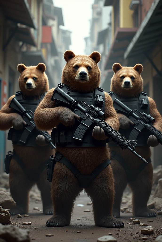 arafed image of a group of people walking down a street, the teddy bear is holding a gun, concept armor, inspired by Yuan Jiang, still image from the movie, broadshouldered, black tactical gear, gray men, swarm, anthropomorphic warrior piglet, kitbashing, panda, bearing a large mad grin, ƒ / 8, apocalyptic --auto --s2