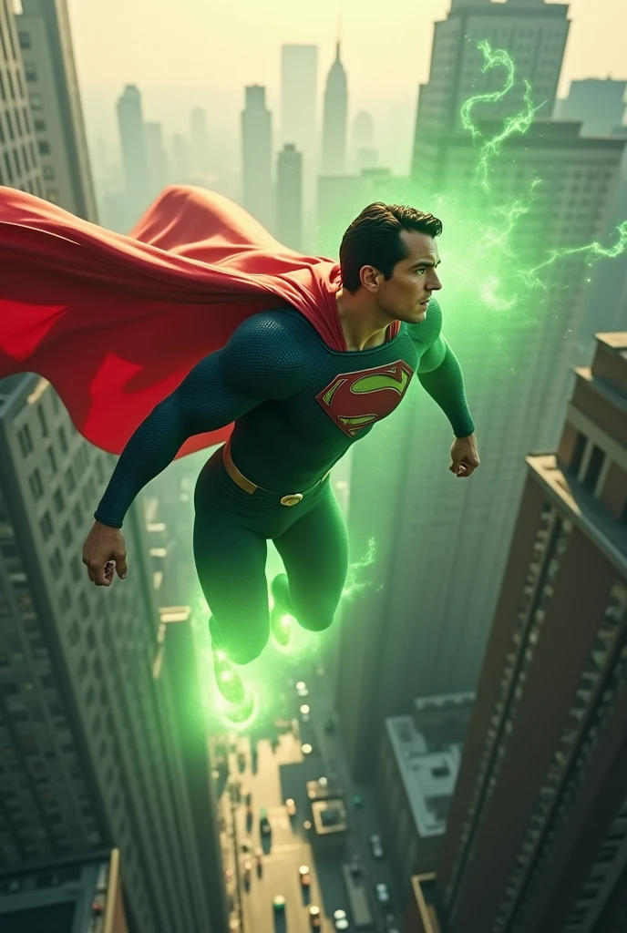 Capture the iconic Superman wearing black, floating in the air with his fluttering cape in the middle of the city, transmitting power and confidence while looking directly into the camera.