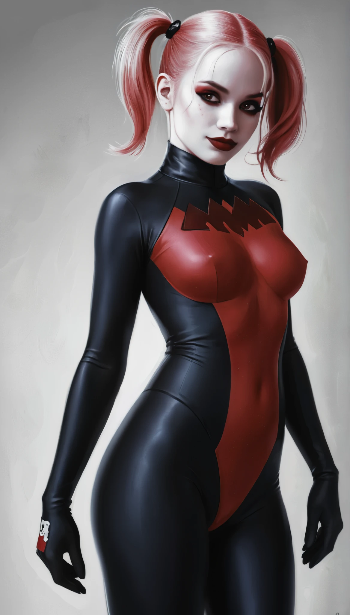  Harley Quinn, wearing a black and red morph suit, hourglass figure, f /2.8, cinematic, high quality, skin texture, looking at the camera  hard shadows, graphite shading, stencil marks, airbrushed acrylic paint, masterpiece 