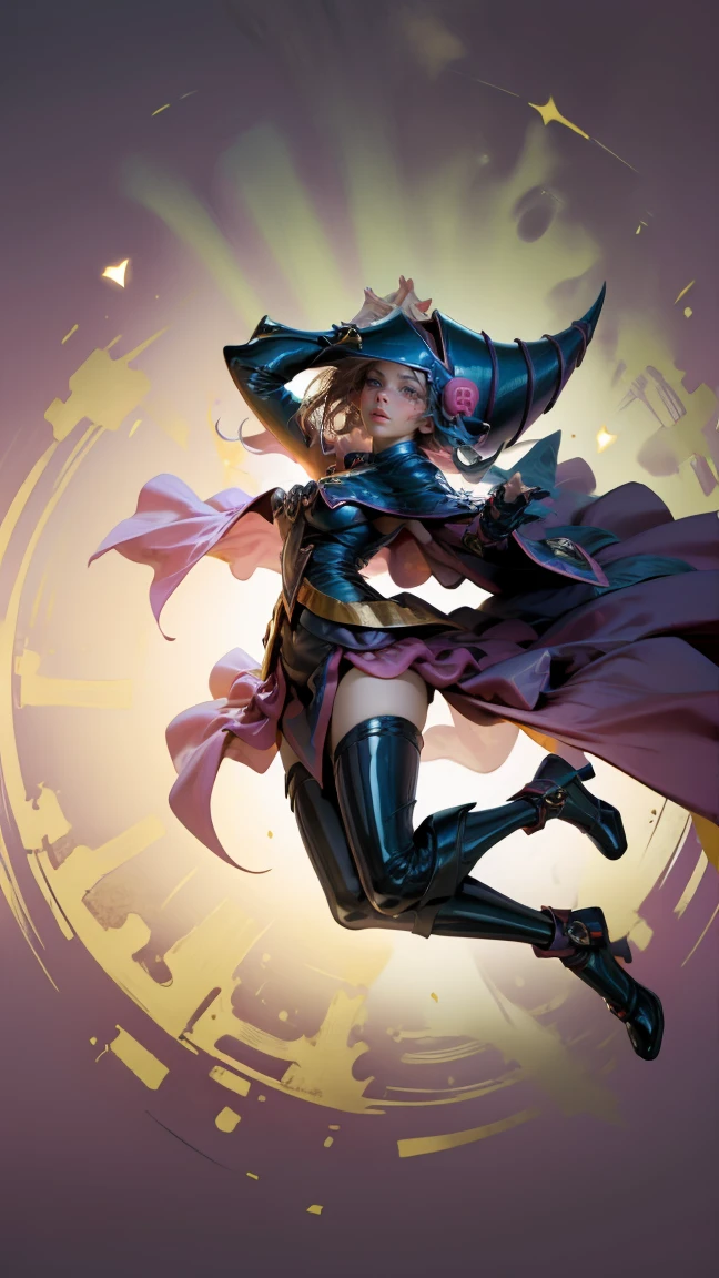 (masterpiece:1.2), (The best quality:1.2), perfect lighting, Dark Magician Girl casting a spell, in battle. floating in the air, visible medium , transparent neckline, blue robe, big hat, from above, Sparkles, Yugioh game, The magic of the heart. LIGHTS OF THE HEART, romantic heart. She wears heels. has heels. Wear heels 