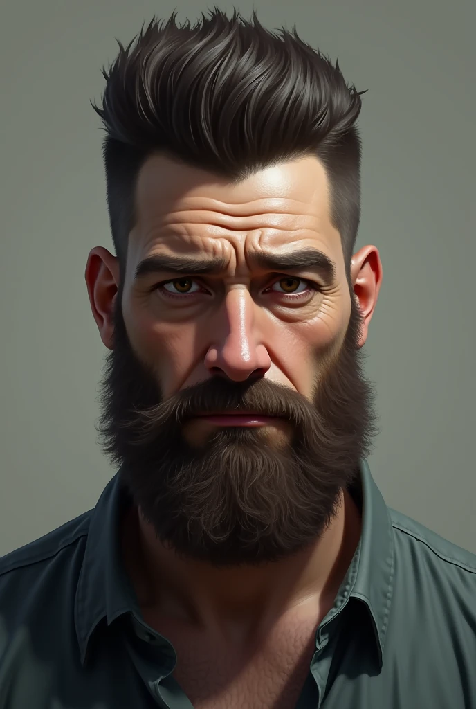 Oliver was a man in his early 40s., his appearance was good for his age, His short beard was well-groomed and his hair was black but with some white streaks due to age and some gray hairs appeared in his beard., he was tall and muscular despite having some scars on his body