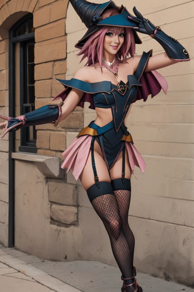 baby doll, High heels, strap blouse, long fishnet gloves. fishnet thigh highs, sexy pose, pink hair, pelo puntiagudo, sonrisa, thong, witch hat, fuse, volando