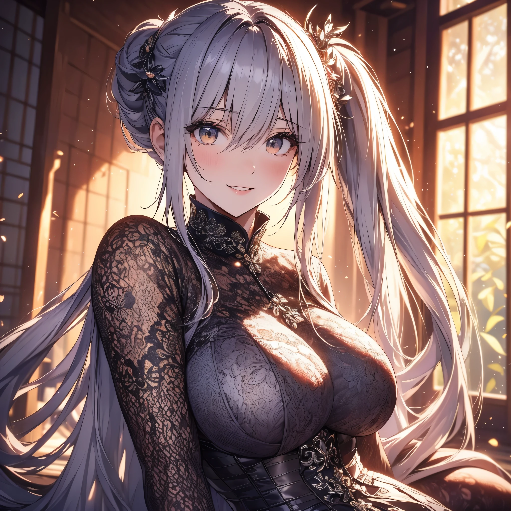 a beautiful detailed woman with loving eyes looking directly at the viewer, romantic atmosphere, red corset, silver hair in twintails, lace panties, huge juicy breasts, long hair, hair ornaments, blur, depth of field, shoji sliding doors, tatami, solo, upper body, smile, big breasts, juicy thighs, vulva, (best quality,4k,8k,highres,masterpiece:1.2),ultra-detailed,HDR,UHD,studio lighting,ultra-fine painting,sharp focus,physically-based rendering,extreme detail description,professional,vivid colors,bokeh,portraits,romance