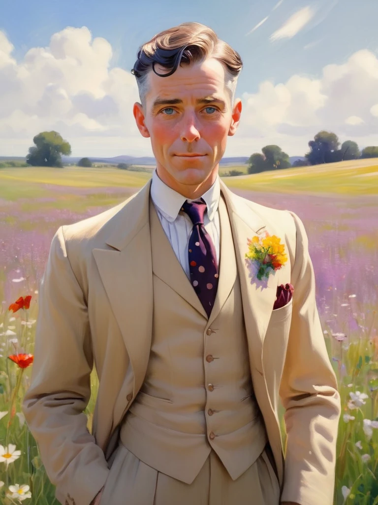 ((masterpiece, best quality)), john singer sargent style anime illustration, 1man, bertie wooster, freckles, beautifully detailed eyes, colorful tie, flower in buttonhole, English wildflower field in the background, luminous, bokeh effect