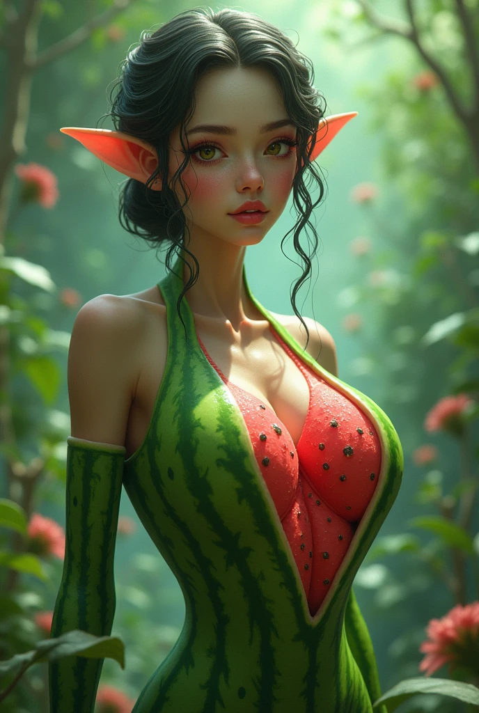beautiful busty Asian woman elf, detailed face, long eyelashes, plump lips, plant thong bikini, fantasy landscape, detailed foliage, magical vines, glowing mushrooms, ethereal lighting, vibrant colors, cinematic lighting, 8k, high quality, hyper detailed, photorealistic