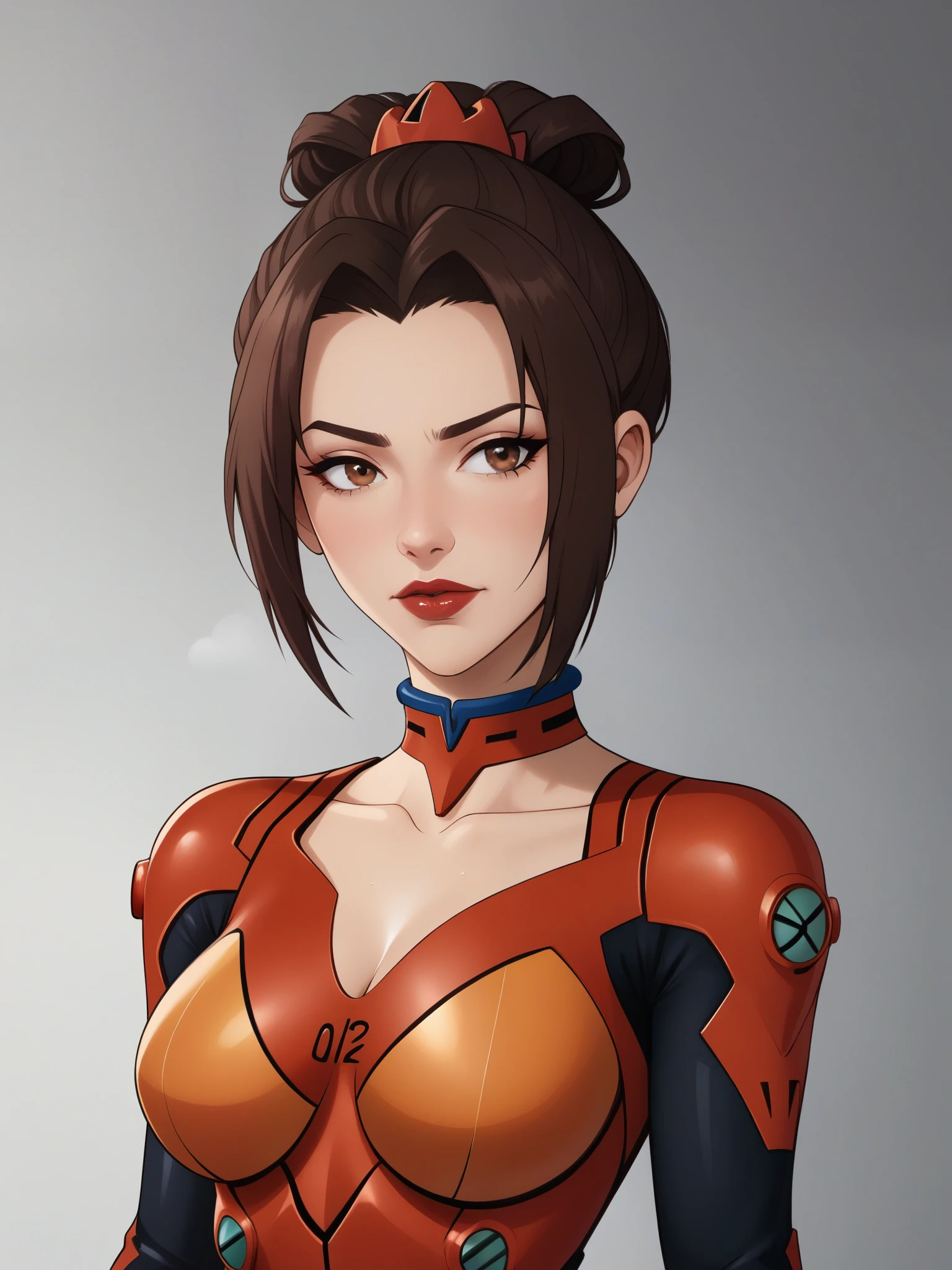 Azula. dark brown hair. cold brown eyes. choker. red evangelion suit. bow