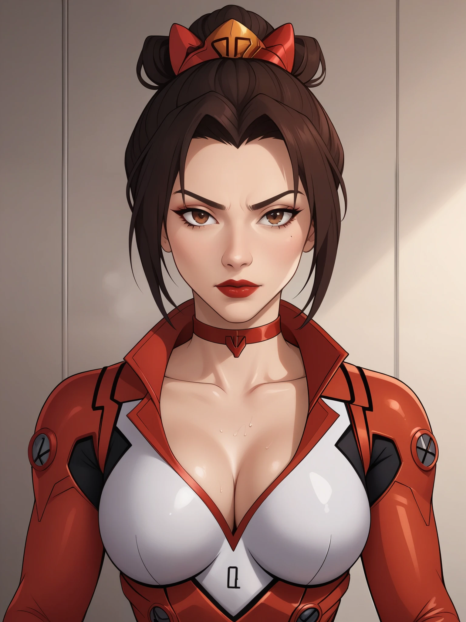 Azula. dark brown hair. cold brown eyes. choker. red evangelion suit. bow