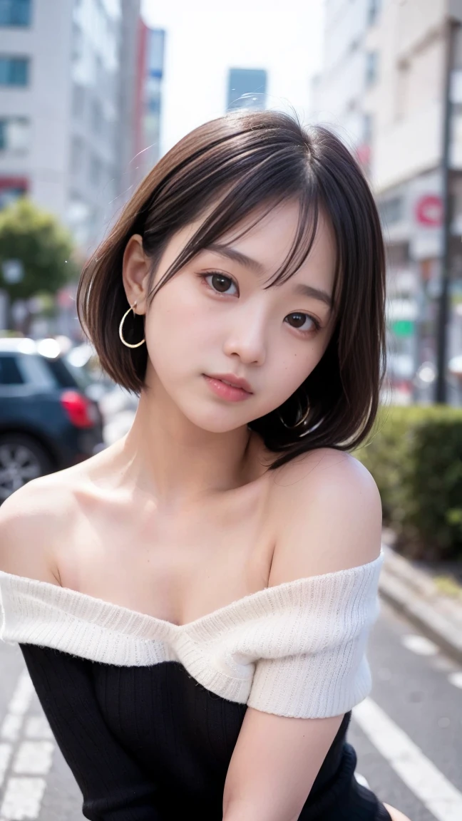 camouflages, 1 girl, Tokyo Street, night, Streetscape,City lights, Simple Background, Upper Body, close, smile, (8k, RAW Photos, Highest quality, masterpiece:1.2),(Realistic, photo-Realistic:1.37), (Beautiful and detailed eyes), (White off-shoulder knit), (Black mini skirt), Black knee-high socks, Exposed thighs, かわいいsmile, ((Very detailed)), (Beautiful and detailed eyes), Cute Earrings, (Please tilt your head a little)