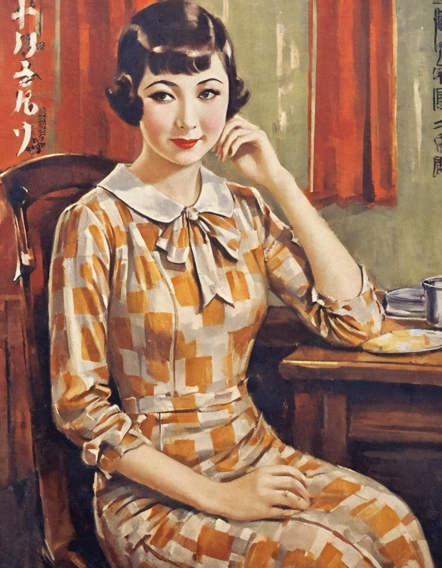 Highest quality、masterpiece,Retro image of a Japanese poster from the 1930s,(oil painting style:1.2),1 woman,long sleeves  pattern dress,straight very short bob hair,short bangs,She is putting on makeup,she is sitting,close-up