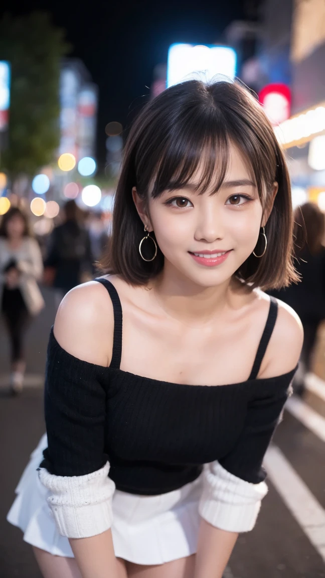 camouflages, 1 girl, Tokyo Street, night, Streetscape,City lights, Simple Background, Upper Body, close, smile, (8k, RAW Photos, Highest quality, masterpiece:1.2),(Realistic, photo-Realistic:1.37), (Beautiful and detailed eyes), (White off-shoulder knit), (Black mini skirt), Black knee-high socks, Exposed thighs, かわいいsmile, ((Very detailed)), (Beautiful and detailed eyes), Cute Earrings, (Please tilt your head a little)