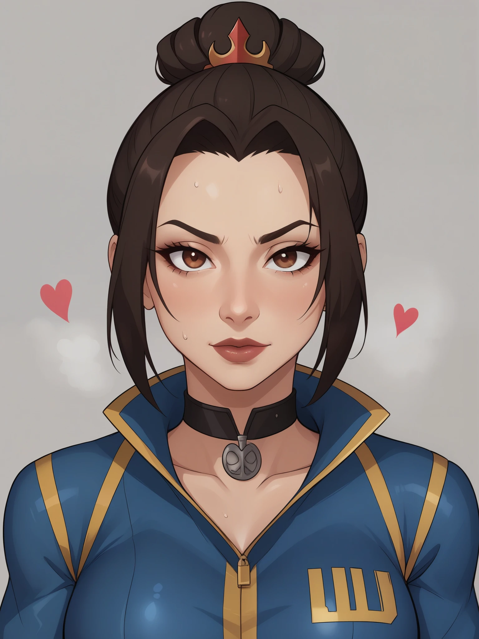 Azula. dark brown hair. cold brown eyes. choker. red fallout vault suit. heart