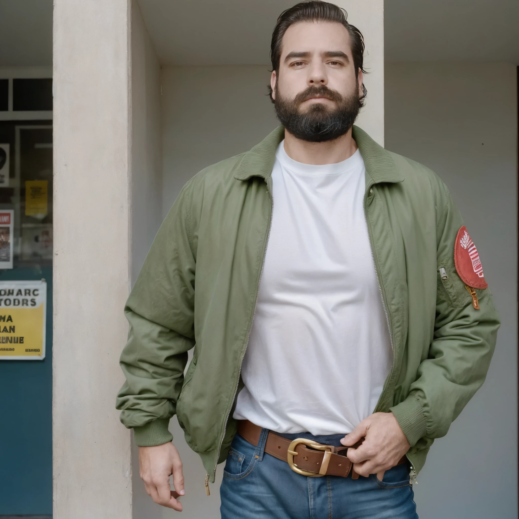 The white man, muscular, 3, with his perfectly trimmed beard, is located in 1993, sporting an olive green bomber jacket, popular at that time, on a tight white t-shirt that highlights his chest and athletic torso. The atmosphere is urban and dynamic, with streets full of people, posters and record stores, typical of the early 90s. the camera, positioned at a high angle, captures his serious face and confident posture, while also focusing on the top of his straight cut jeans and a thick brown leather belt. Natural lighting, on a partly cloudy day, adds a soft feel that contrasts with the clothing and highlights the details of your body and the texture of the jacket, evoking the casual yet stylish fashion of 1993.