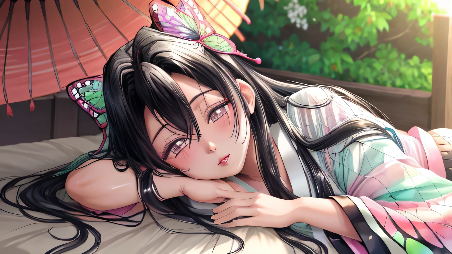 Kochou Kanae, black hair, butterfly print yukata, sensual pose, waking up in the morning light, luscious lips, gracefully flowing fabric, serene expression, soft sunlight filtering in, (best quality, 4k, high resolution, masterpiece:1.2), ultra-detailed, photorealistic, vibrant colors, soft bokeh effects, traditional Japanese ambience, elegant atmosphere, pastel shades.