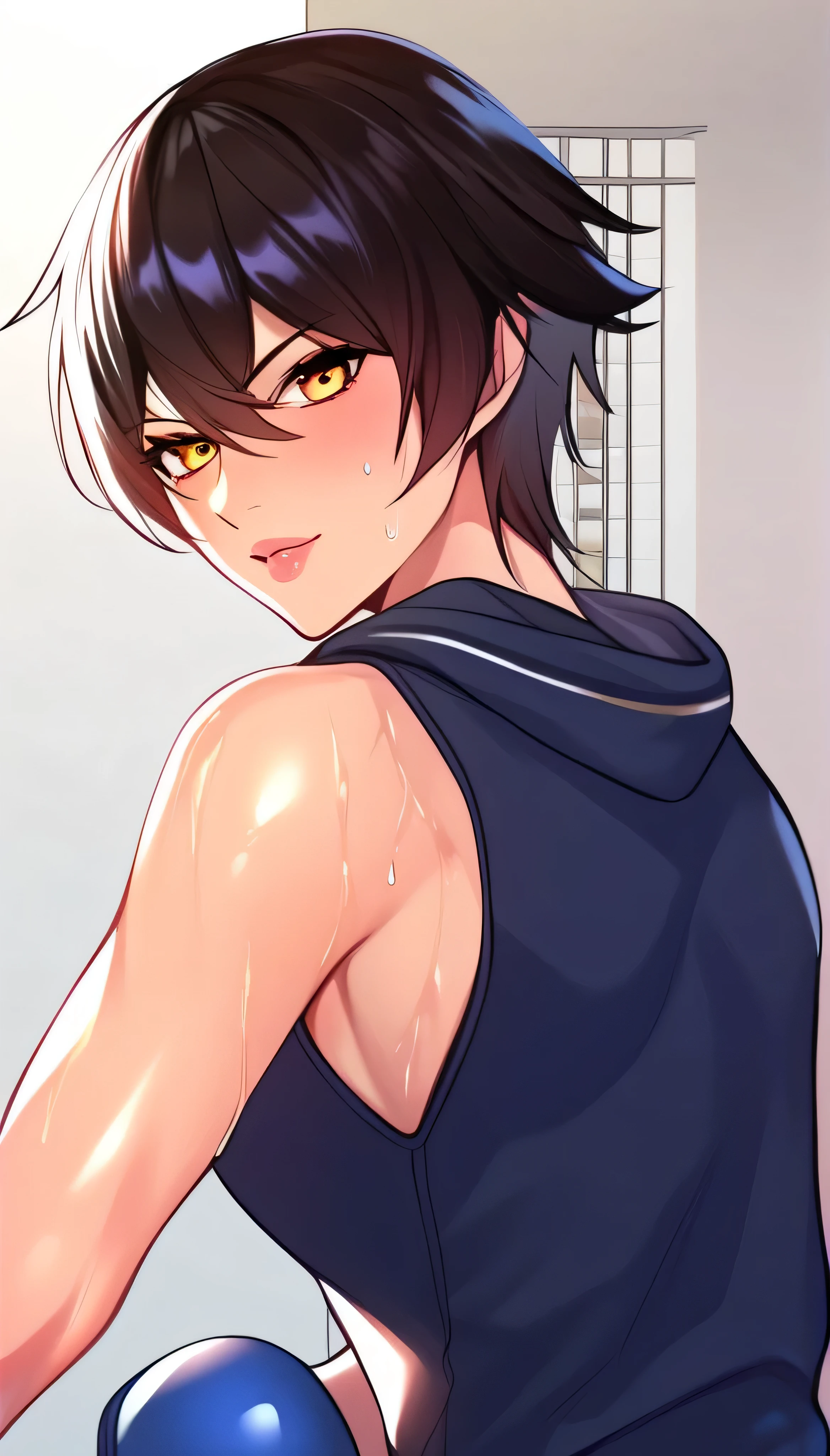 1 girl, black hair,masterpiece,best quality,highres,ultra-detailed,aashizue,yellow eyes,short hair,(sleeveless hoodie:1.2), boxing gloves, toned, sweating,boxing stance, (sleeveless:1.4)