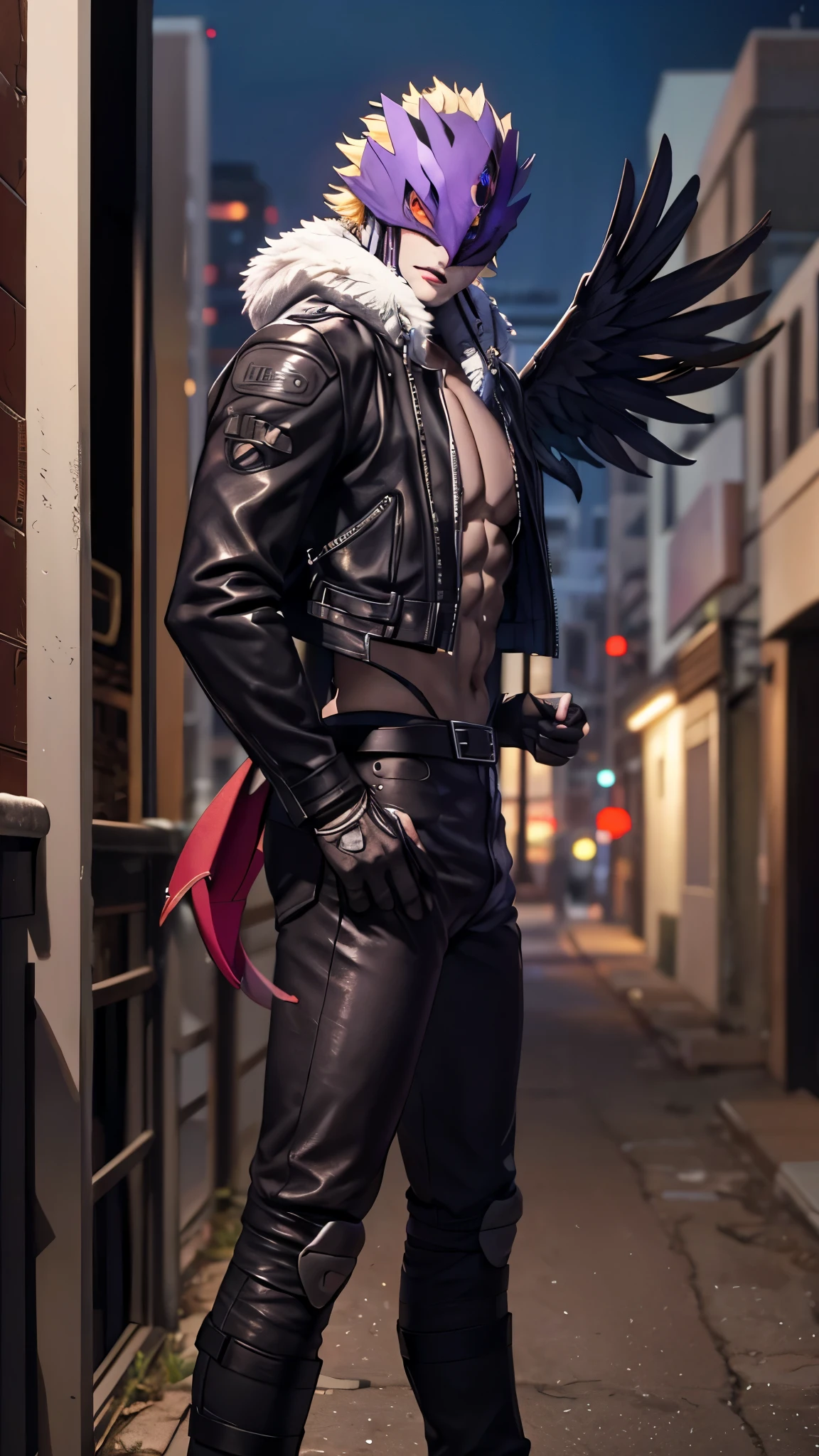 Beelzemon, male_character, grey_skin, black wings (symmetrical style), fitness, best quality, masterpiece, biker clothing, handsome, black pants, leather belts, face detailed, sexy lips, trestle half mask(purple color), Digimon, leather jacket, tail, fur trim, red eyes, leather boots, (dynamic pose:1.2), night scene, extremely detailed CG unity 4k wallpaper.