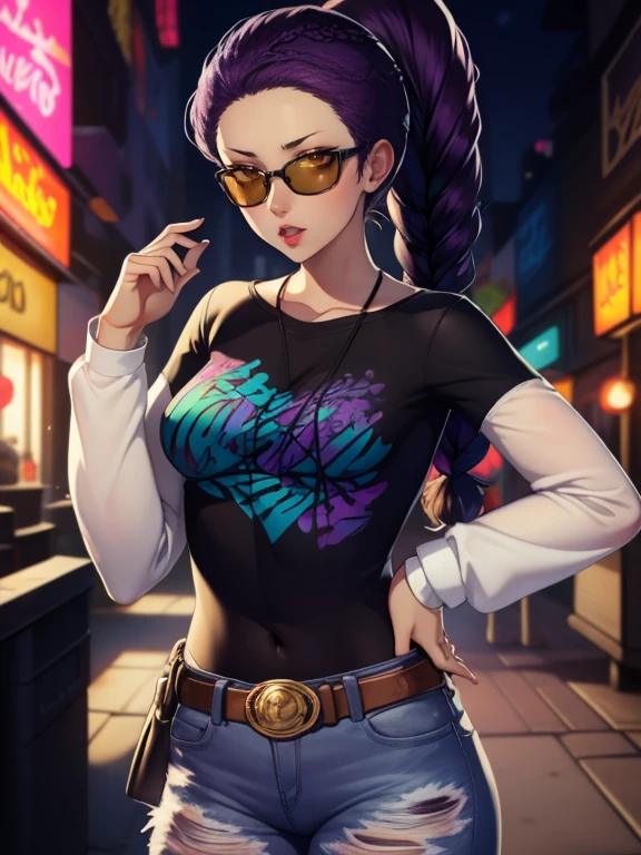 Petra, braided ponytail, brown eyes, glossy lips ,1girl, solo, standing, black t-shirt, white shirt, jeans, belt, lipstick, sunglasses, purple hair,